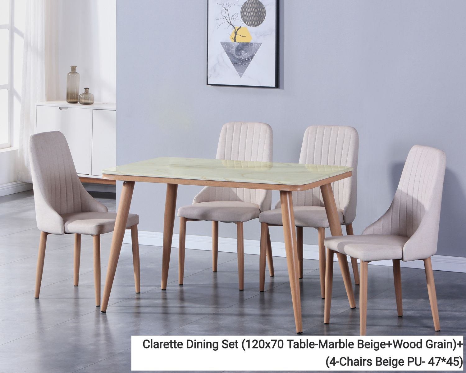 Ofix Clarette Dining Set (120*70-4 Seater / 140*80-6 Seater) (Beige), Option: Clarette Dining Set (120x70 Table-Marble Beige+Wood Grain)+ (4-Chairs Beige PU- 47*45)