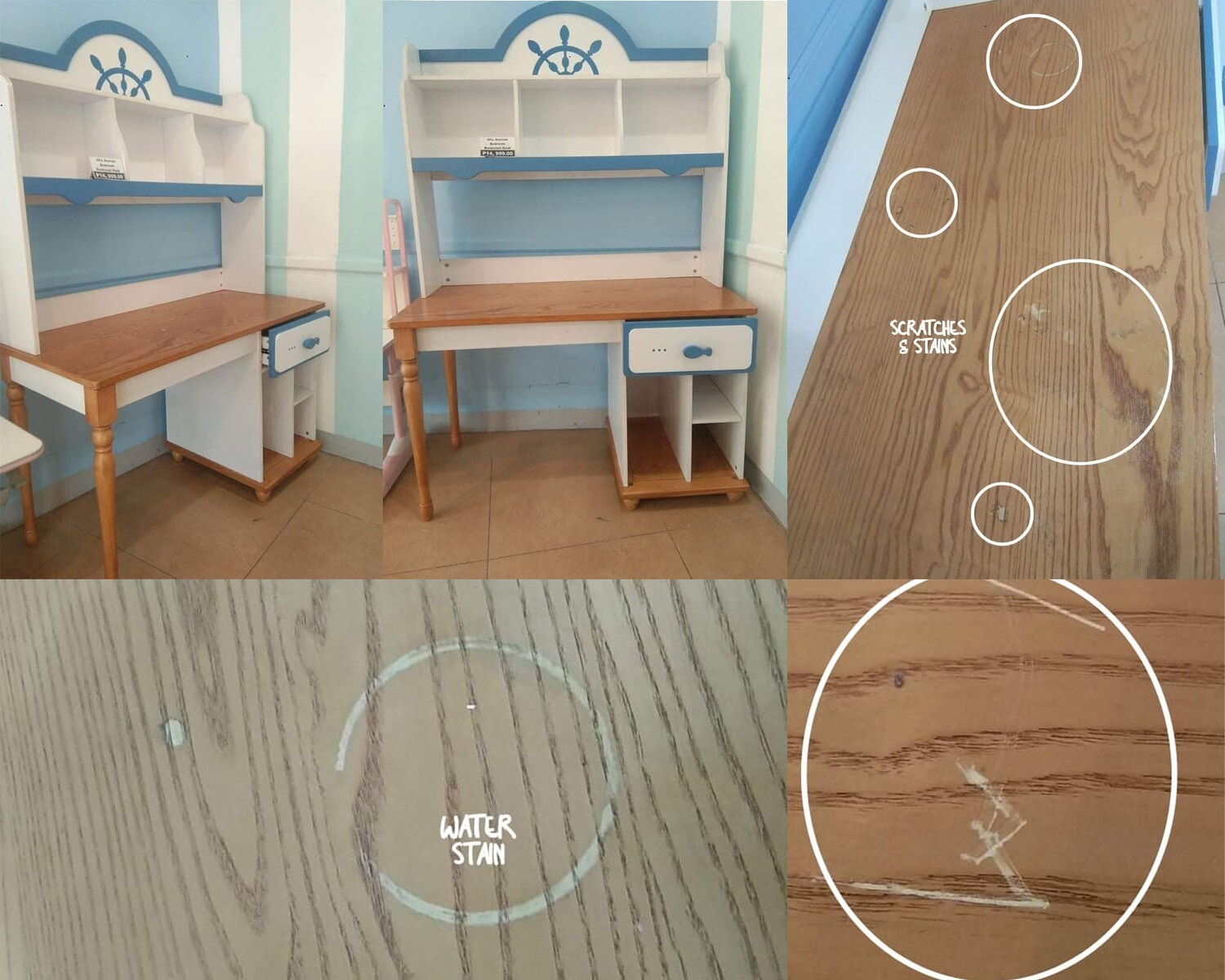 (Sale) Ofix Azariah Bedroom Bookcase Desk (Blue+White) (Scratches/Dents/Water stains), Model: 12007ND-C Ofix Azariah Bedroom Bookcase Desk Set (Blue+White) (Sale)