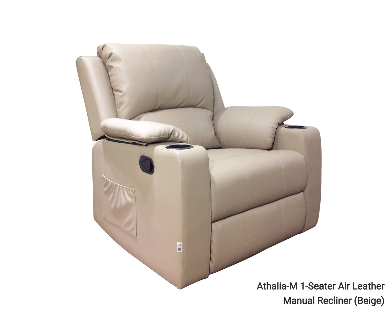 Flotti Athalia 1-Seater Air Leather (Manual Recliner/ Power Recliner) with Cup Holder and Side Pocket (Beige, Mud Grey, Brown), Model/ Color: Athalia-M 1-Seater Air Leather Manual Recliner (Beige) (SOLD OUT, PRE-ORDER FOR MID SEPTEMBER)