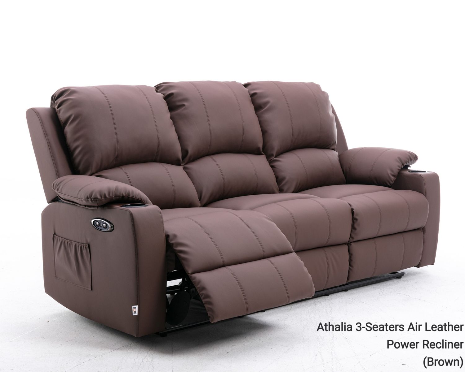 Flotti Athalia 3-Seaters Air Leather (Manual Recliner / Power Recliner)  with Cup Holder and Side Pocket  (Brown, Black, Beige), Model/ Color: Athalia-E 3-Seater Power Recliner (Brown)