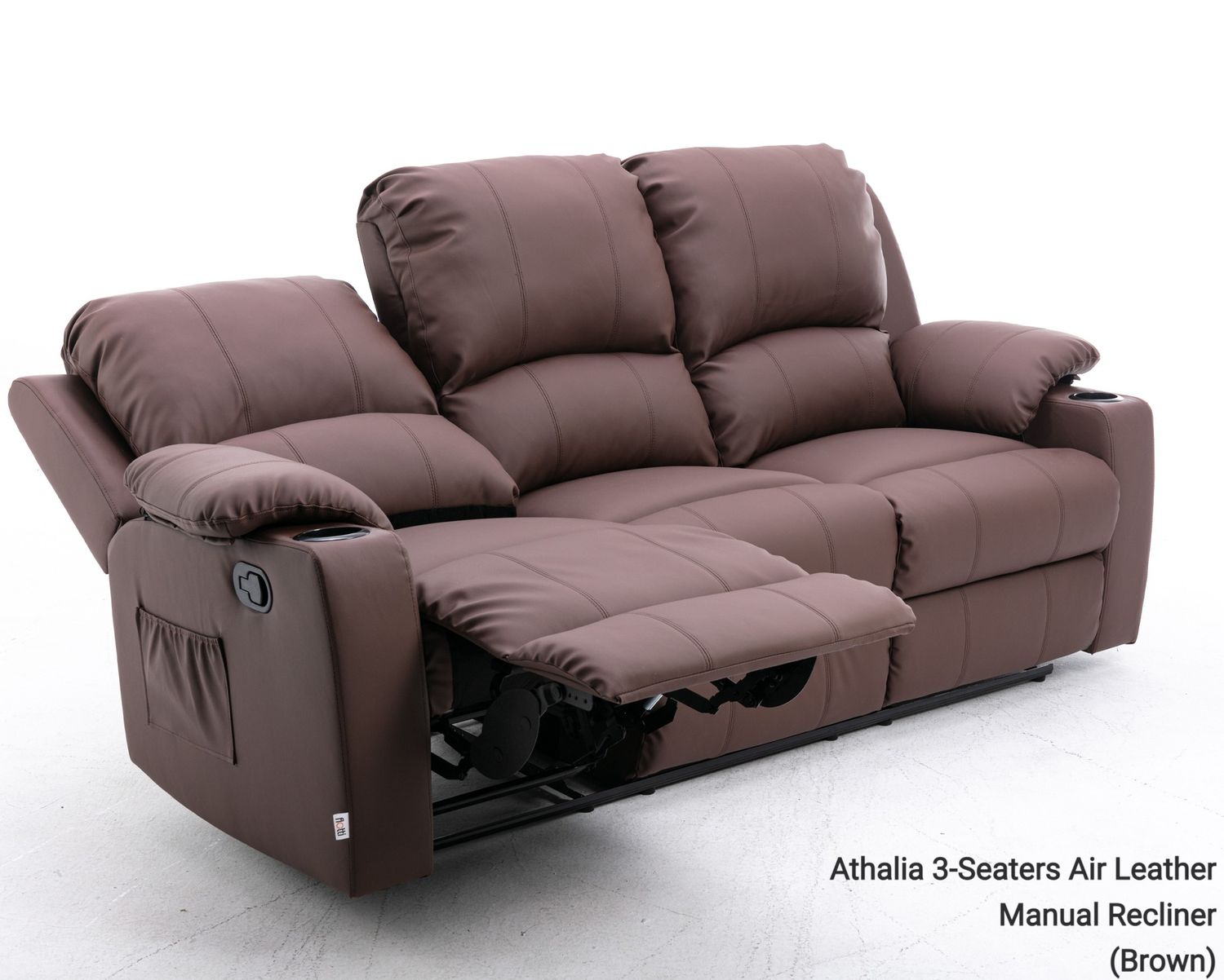 Flotti Athalia 3-Seaters Air Leather (Manual Recliner / Power Recliner)  with Cup Holder and Side Pocket  (Brown), Model/ Color: Athalia-M 3-Seater Manual Recliner (Brown)
