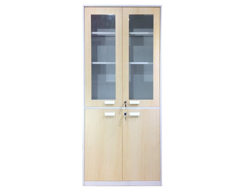 Ofix 5-Layer Swing Door Steel &amp; Glass Cabinet (Wood Pattern+White)
