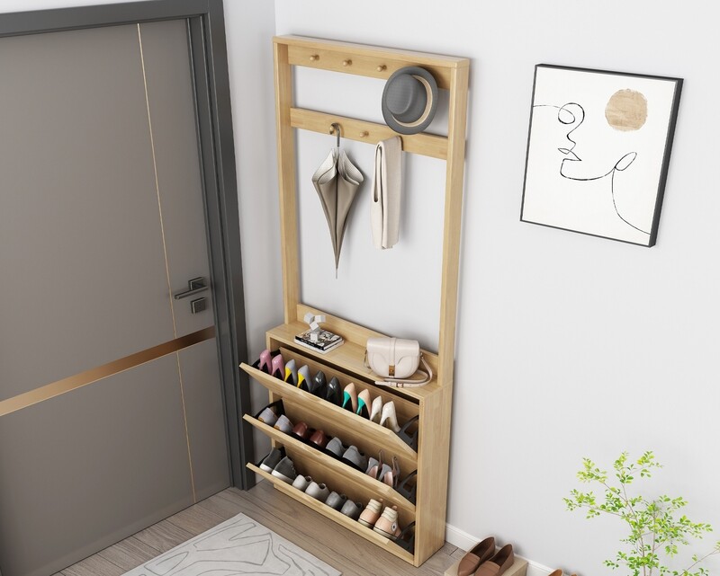 Ofix Jett Solid Thailand Rubberwood Shoe Cabinet w/ Hook