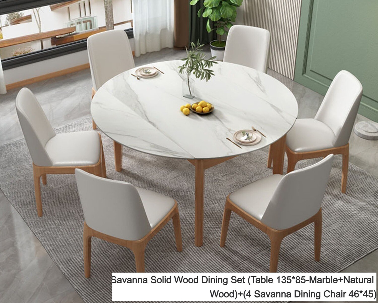 Ofix Savanna Solid Thailand Rubberwood Dining Set (Convertible Table: Round to Rectangular Table) +(4pcs Savanna Dining Chair) (135*85/ 135Diameter), Option: Savanna Solid Wood Dining Set (Table 135*85-Marble+Natural Wood)+(4 Savanna Dining Chair 46*45)