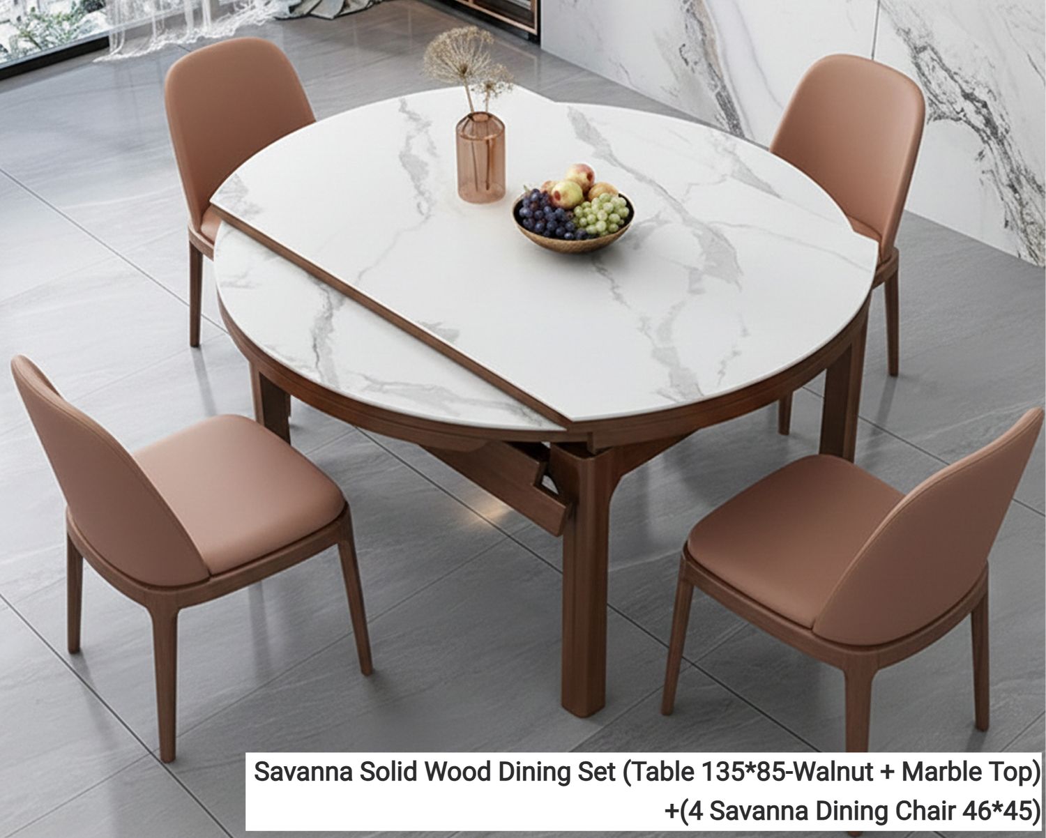 Ofix Savanna Solid Thailand Rubberwood Dining Set (Convertible Table: Round to Rectangular Table) +(4pcs Savanna Dining Chair) (135*85/ 135Diameter), Option: Savanna Solid Wood Dining Set (Table 135*85-Walnut + Marble Top)+(4 Savanna Dining Chair 46*45)