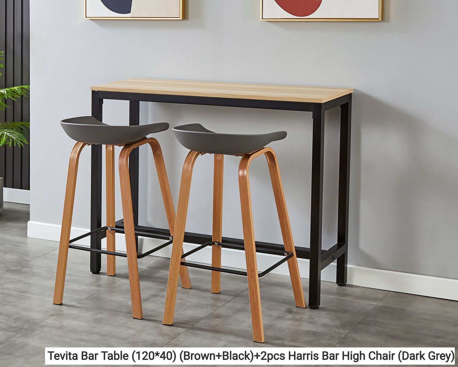 Ofix Tevita Bar Table + 2Pcs. Harris Bar Chair (120*40), Option: Tevita Bar Table (120*40) (Brown+Black)+2pcs Harris Bar High Chair (Dark Grey)
