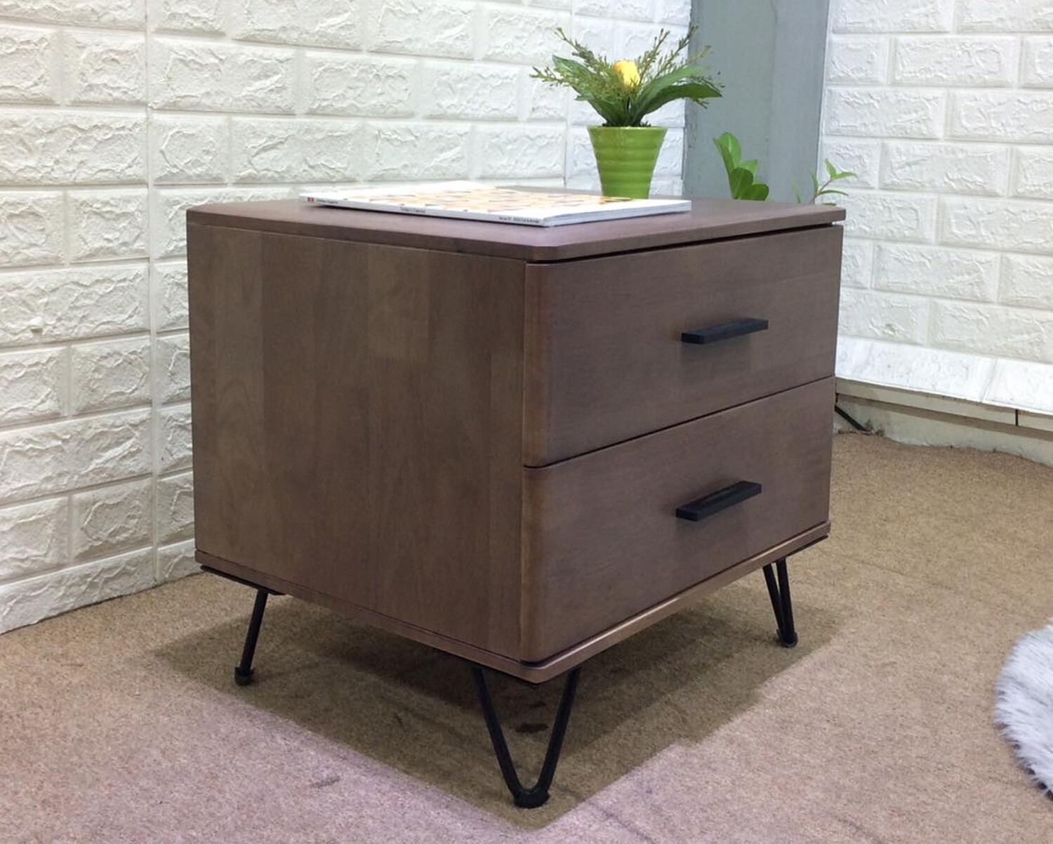 Ofix Orphie Solid Thailand Rubberwood Bed Side Table (with Drawers), Model: Orphie Solid Wood Bed Side Table (with Drawers) (Teakwood)