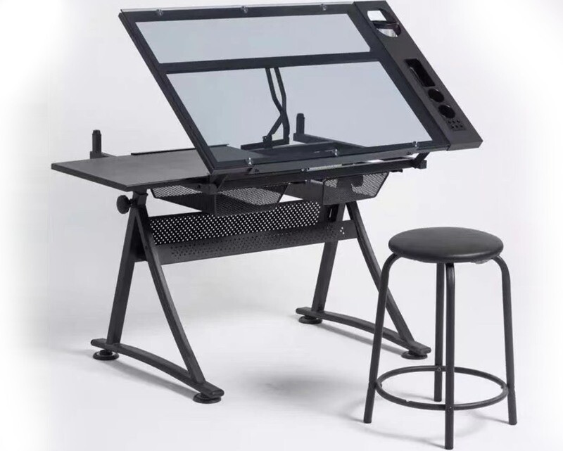 Ofix ML-030 Drafting Glass Table Height Adjustable with Extra Side Table Drawers (Black) (Stool is Not Included)