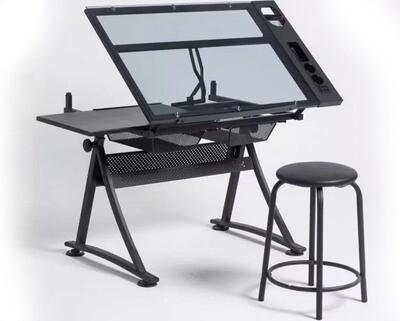Ofix ML-030 Drafting Glass Table Height Adjustable with Extra Side Table Drawers (Black) (Stool is Not Included)