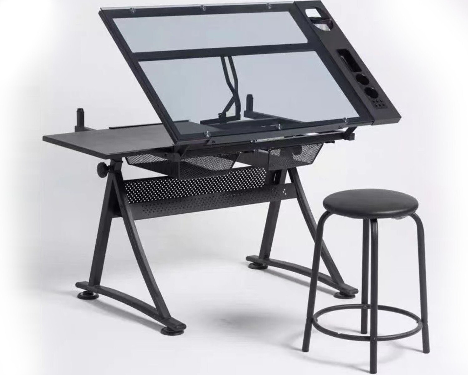 Ofix ML-030 Drafting Glass Table Height Adjustable with Extra Side Table Drawers (Black) (Stool is Not Included), Color: ML-030 Drafting Glass Table Height Adjustable (Black)