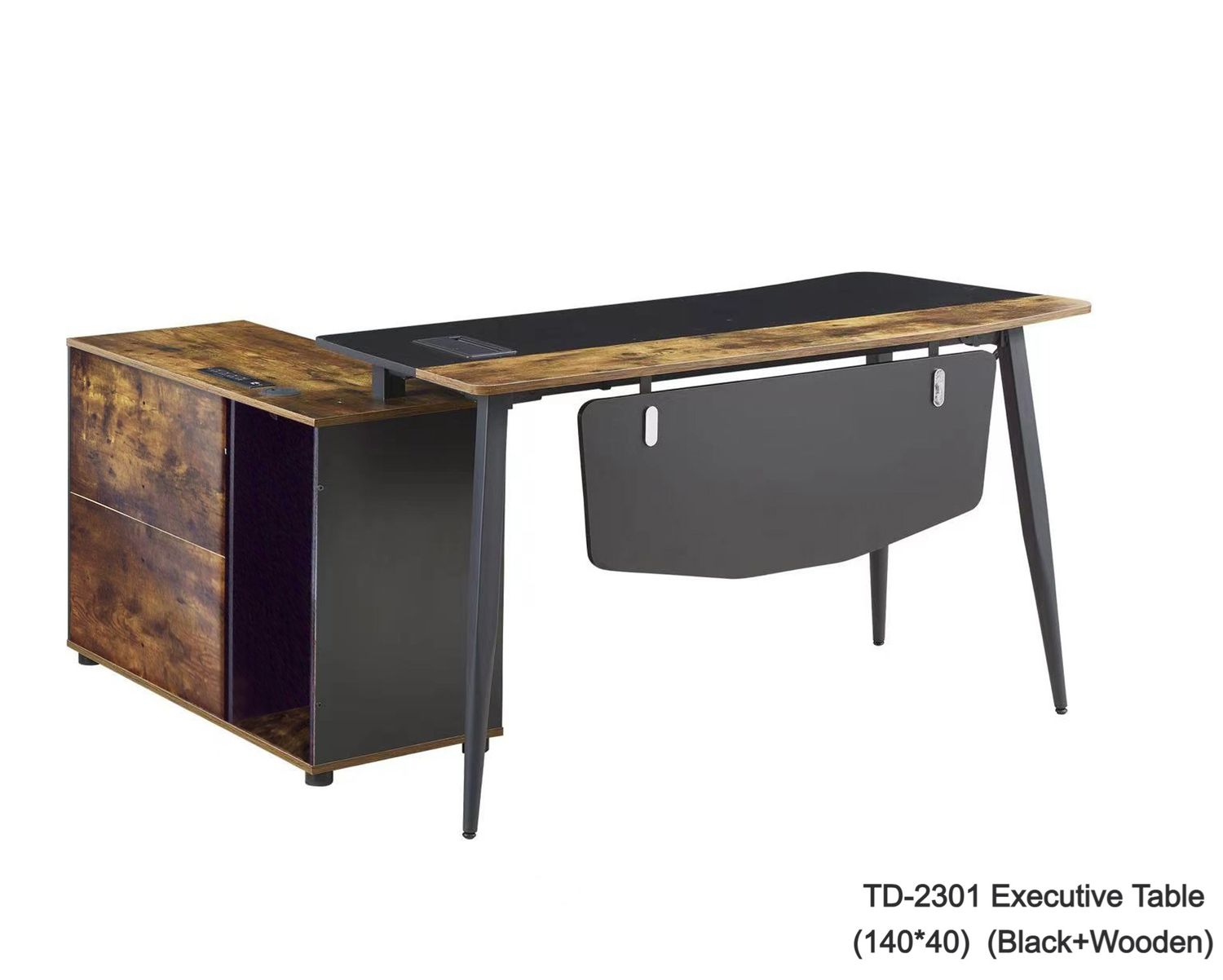 Ofix Executive Table with Side Cabinet (Black+Wooden, Natural Wooden, White), Model: TD-2301 Executive Table (140*40) (Black+Wooden) (Best Seller-Limited Stock)