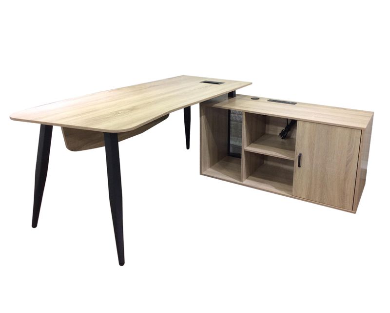 Ofix Executive Table with Side Cabinet (Black+Wooden, Natural Wooden, White)