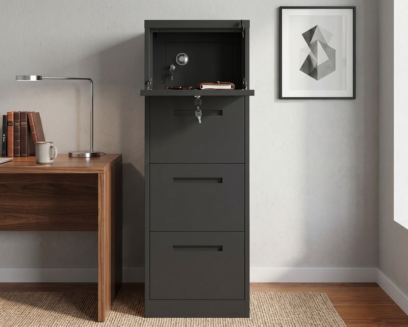 Ofix Vertical 4-Drawer with Safe Vault &amp; Keys Manual-combination keylock Steel Filing Cabinet (Black, White)