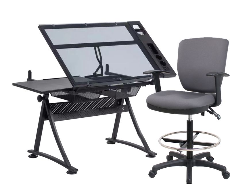 Ofix ML-030 Drafting Table &amp; Chair Set (Glass Table Height Adjustable with Extra Side Table Drawers +Premium S-066 / Premium 32) (Black, Grey)