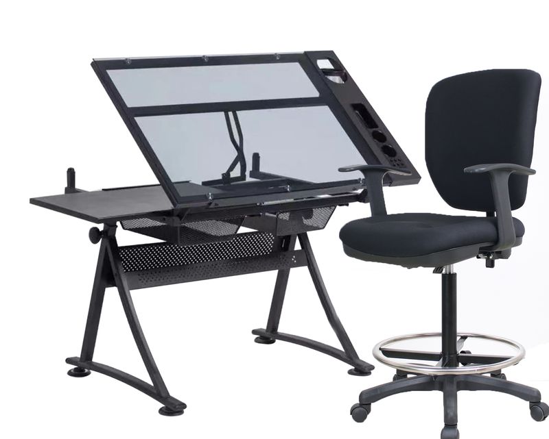 Ofix ML-030 Drafting Table &amp; Chair Set (Glass Table Height Adjustable with Extra Side Table Drawers +Premium S-066 / Premium 32) (Black, Grey)