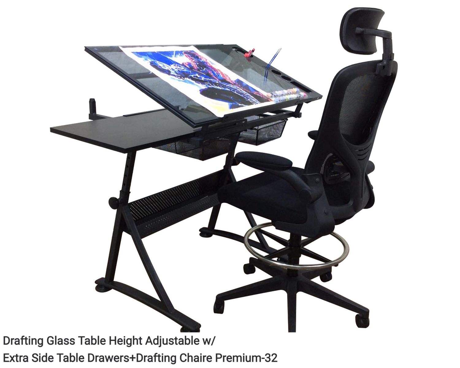 Ofix ML-030 Drafting Table &amp; Chair Set (Glass Table Height Adjustable with Extra Side Table Drawers +Premium S-066 / Premium 32) (Black, Grey), Drafting Table &amp; Chair Set Option:: ML-030 Drafting Glass Table Height Adjustable w/ Extra Side Table Drawers+Drafting Chair Premium 32 (Black)
