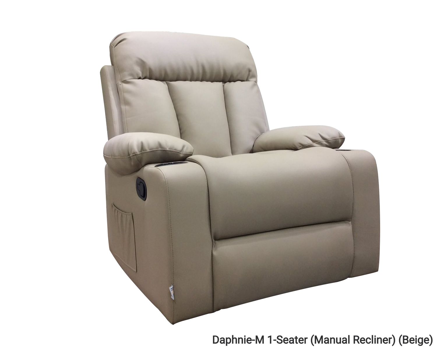 Flotti Daphnie 1-Seater Air Leather (Manual Recliner / Power Recliner) with Cup Holder and Side Pocket (Black, Beige), Model/ Color: Daphnie-M 1-Seater (Manual Recliner) (Beige)
