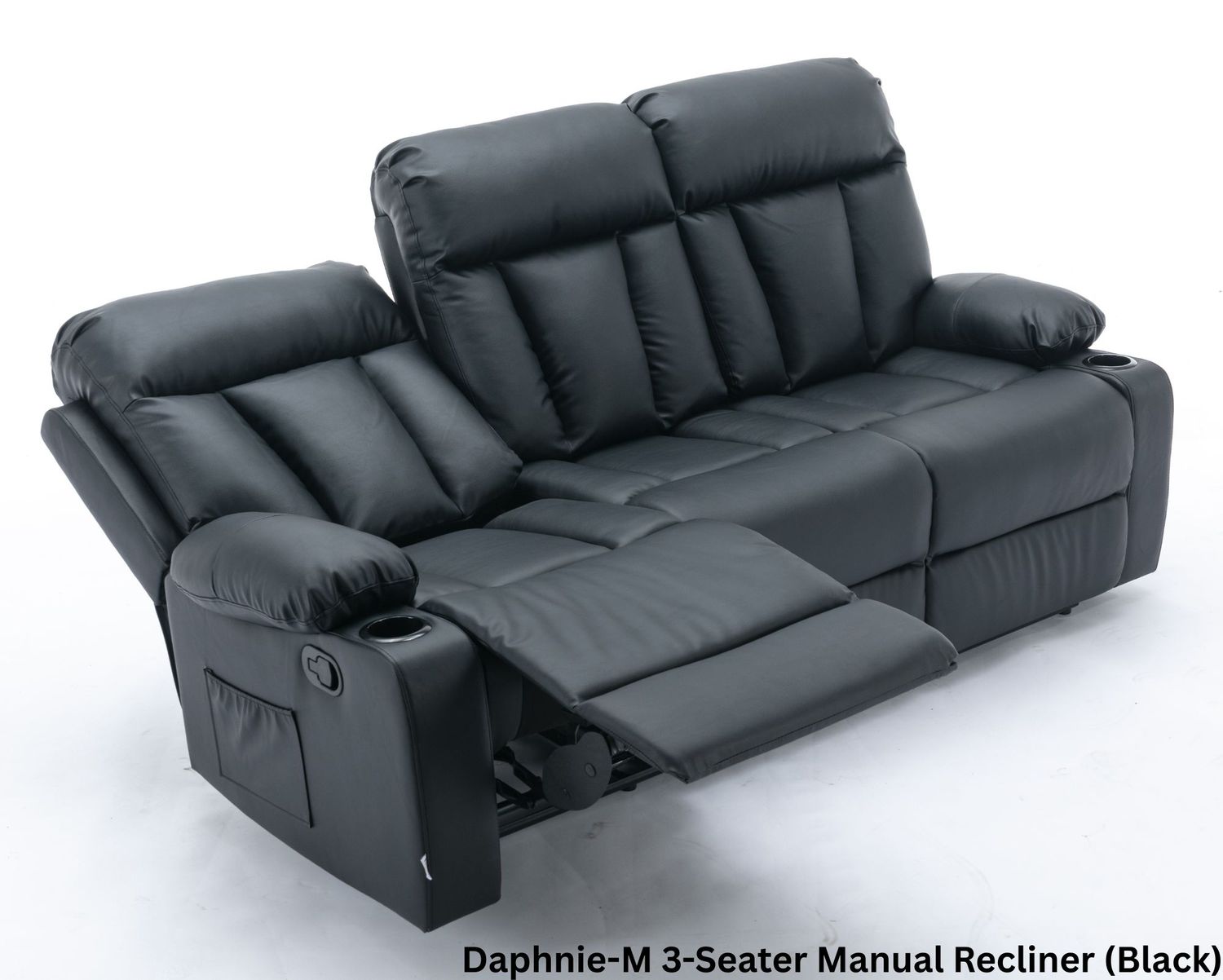 Flotti Daphnie-XL-3-Seater Air Leather (Manual Recliner/ Power Recliner)  with Cup Holder and Side Pocket (Black, Beige, Light Beige), Model/ Color: Daphnie-M 3-Seater Manual Recliner (Black)