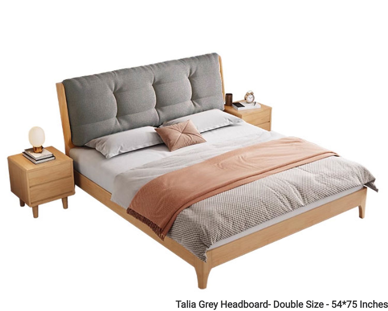 Flotti Talia Solid Thailand Rubberwood Bed Frame (Double) (Side Drawers Are Not Included), Bed Frame Size:: Talia Grey Headboard- Double Size - 54*75 Inches
