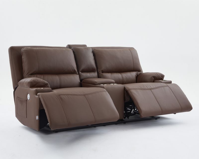 Flotti Fiora 2-Seater Oversized Wide Seat Air Leather Power Recliner with Cup Holder &amp; Console (Beige, Brown)