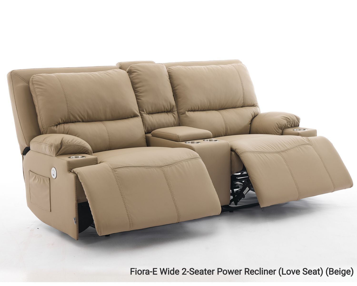 Flotti Fiora 2-Seater Oversized Wide Seat Air Leather Power Recliner with Cup Holder &amp; Console (Beige, Brown), Color Option: Fiora-E Wide 2-Seater Power Recliner  (Love Seat)  (Beige)