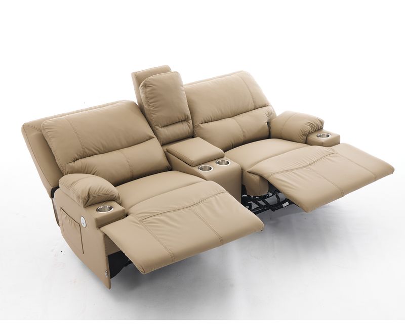 Flotti Fiora 2-Seater Oversized Wide Seat Air Leather Power Recliner with Cup Holder &amp; Console (Beige)