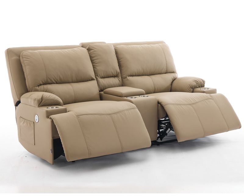 Flotti Fiora 2-Seater Oversized Wide Seat Air Leather Power Recliner with Cup Holder &amp; Console (Beige, Brown)