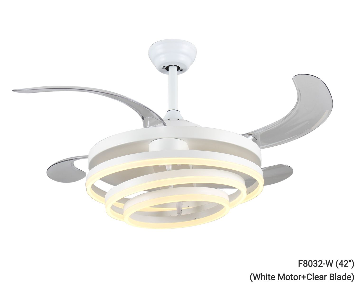 MYKE Ceiling Fan/Chandelier (42") (White, Gold) (2 yrs Warranty), Model/ Color: F8032-W (42") (White Motor+Clear Blade)