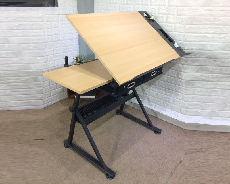 Ofix ML-032 Drafting Wood Table Height Adjustable with Extra Table Drawers (Natural Wood, Brown) (Stool is Not Included)