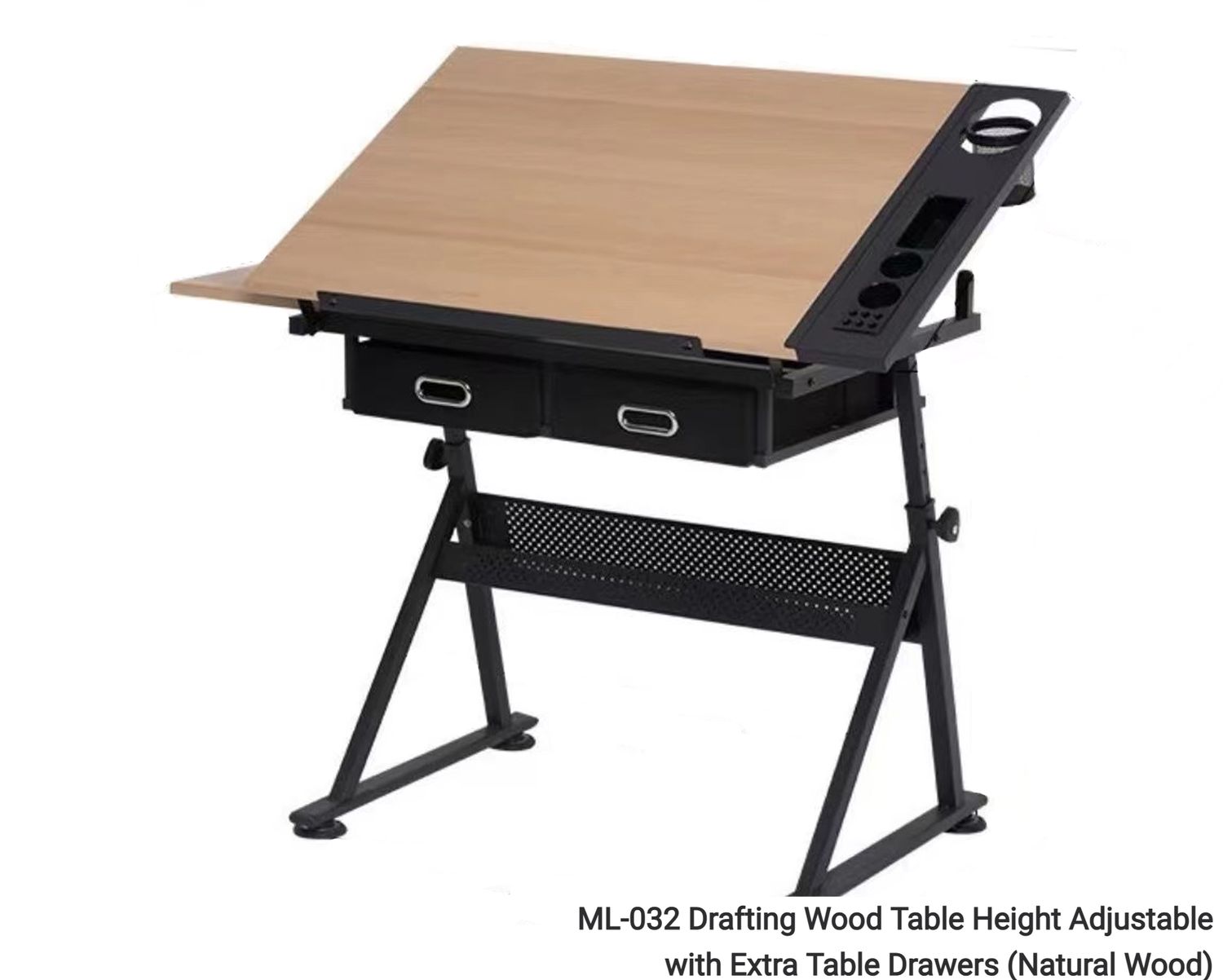 Ofix ML-032 Drafting Wood Table Height Adjustable with Extra Table Drawers (Natural Wood, Brown) (Stool is Not Included), Color: ML-032 Drafting Wood Table Height Adjustable with Extra Table Drawers (Natural Wood)