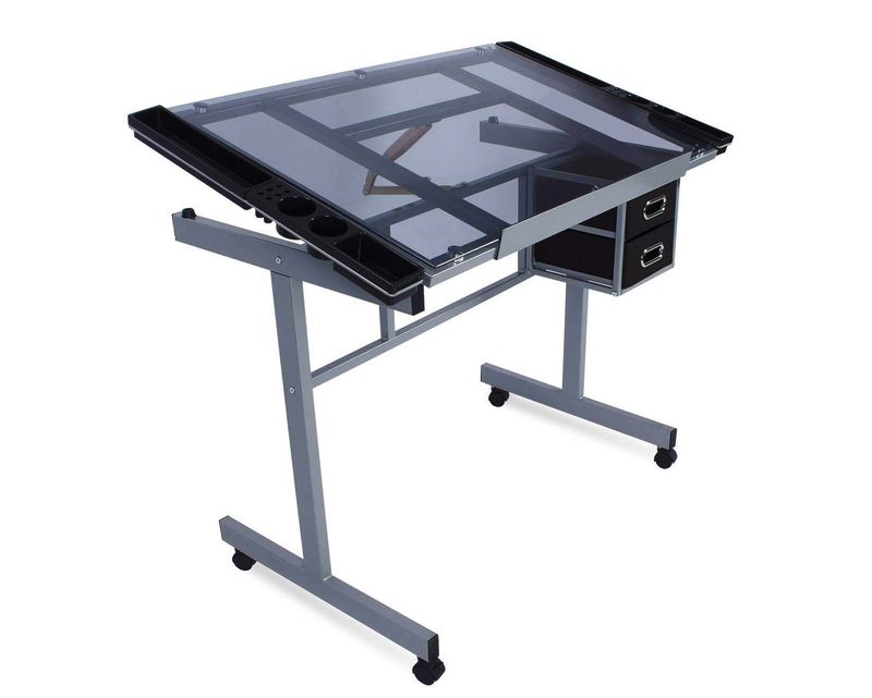 Ofix ML-033 Drafting Glass Table Height Adjustable with Extra Table Drawers (Grey) (Stool is Not Included)