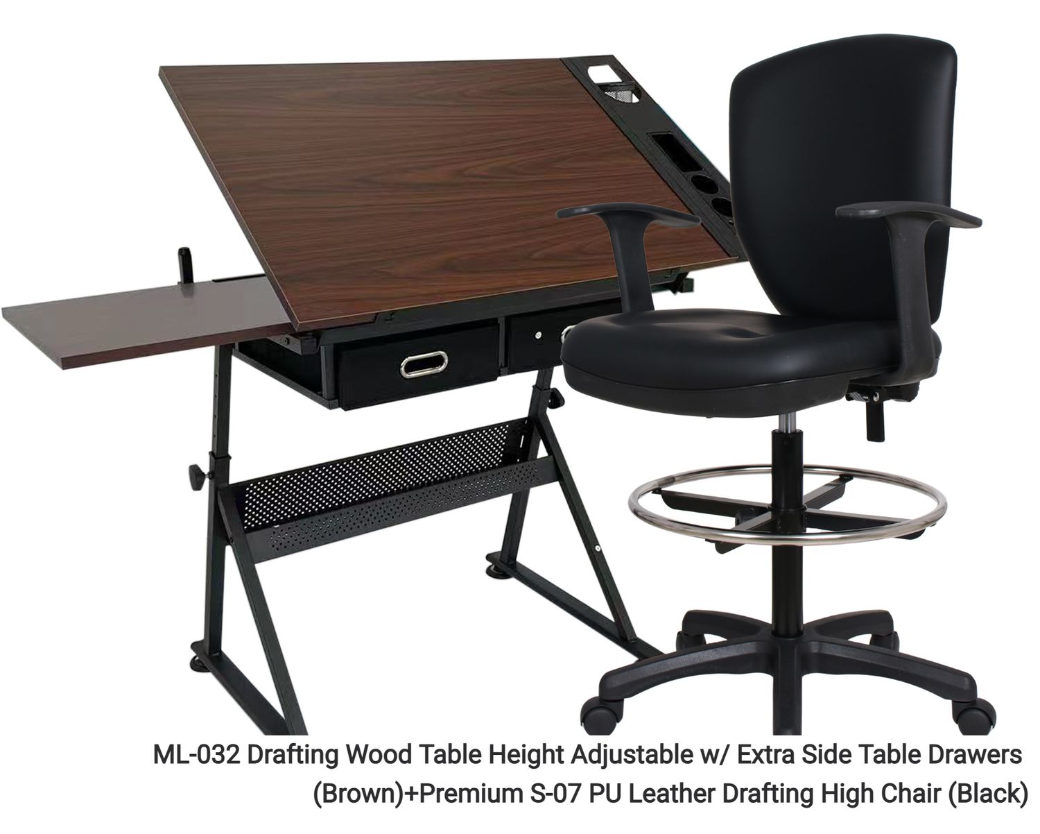 Ofix ML-032 Drafting Table &amp; Chair Set (Wood Table Height Adjustable with Extra Side Table Drawers + Premium S-07 Black/ Brown), Drafting Table &amp; Chair Set Option:: ML-032 Drafting Wood Table Height Adjustable w/ Extra Side Table Drawers (Brown)+ Premium S-07 PU Leather Drafting High Chair (Black)