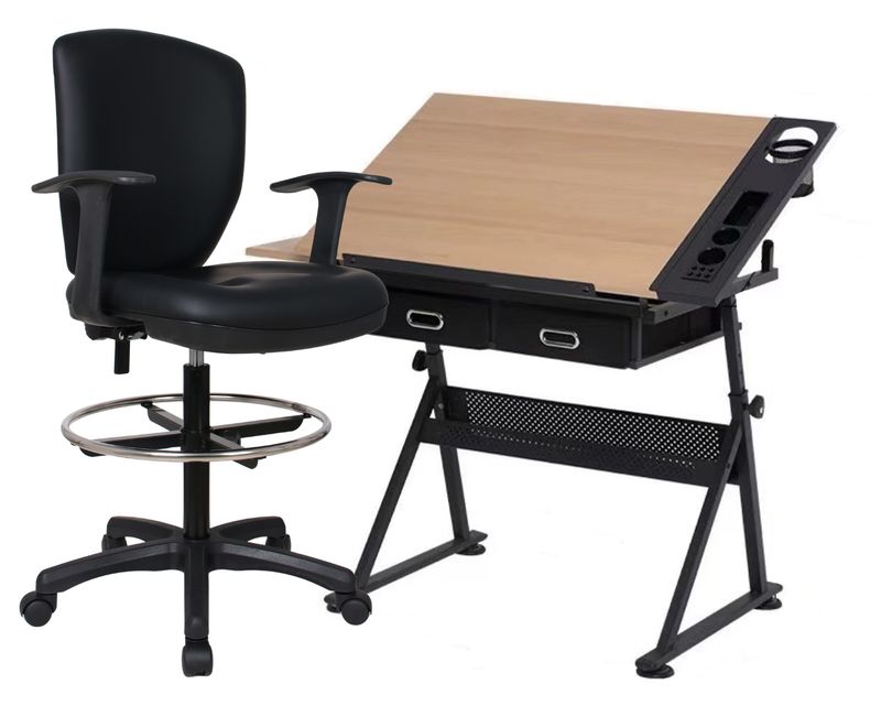 Ofix ML-032 Drafting Table &amp; Chair Set (Wood Table Height Adjustable with Extra Side Table Drawers + Premium S-07 Black/ Brown)