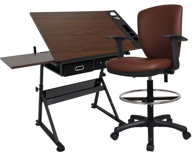 Ofix ML-032 Drafting Table &amp; Chair Set (Wood Table Height Adjustable with Extra Side Table Drawers + Premium S-07 Black/ Brown)