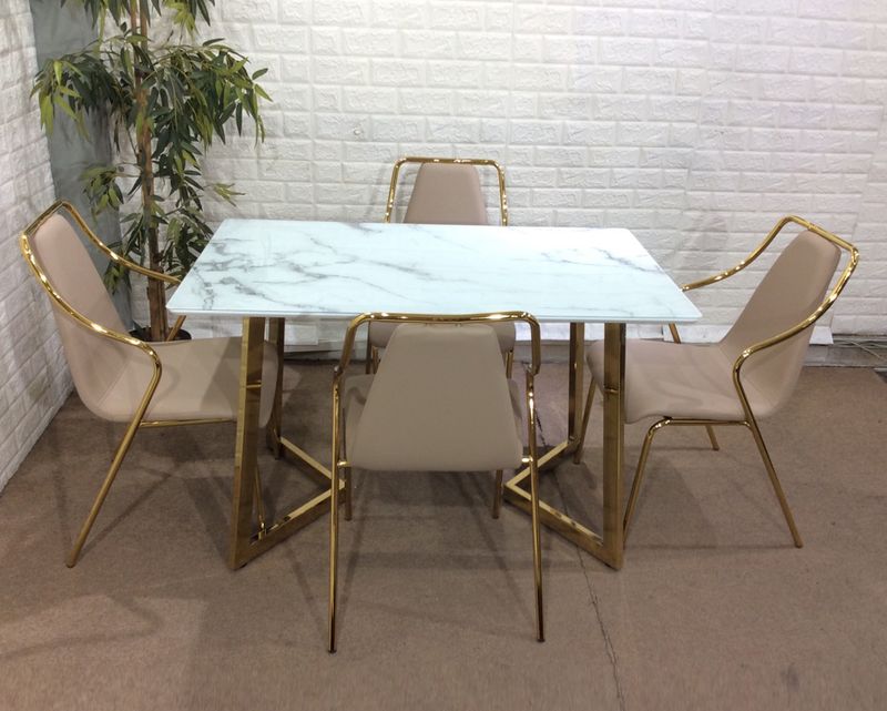 Ofix Scarlet Dining Table (White+Gold) + 4Pcs Nori Dining Chair (Beige) (120x70)