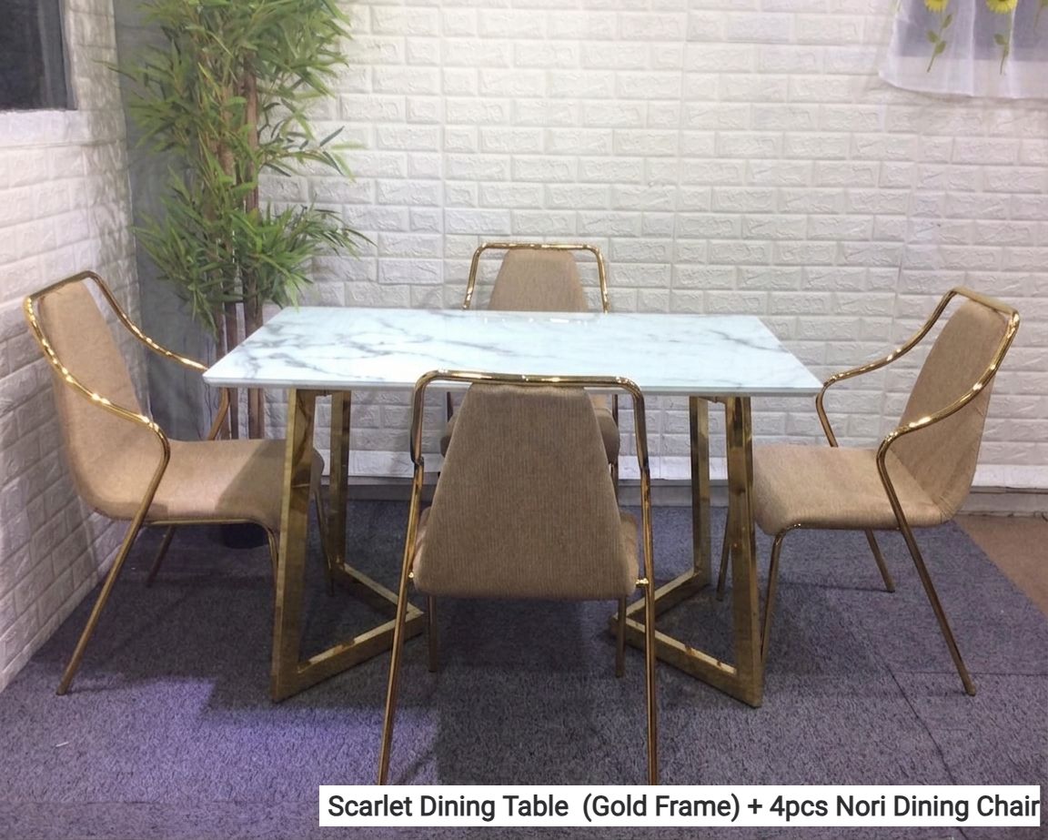 Ofix Scarlet Dining Table (White+Gold) + 4Pcs Nori Dining Chair (Beige) (120x70), Dining Set Option: Scarlet Dining Table  (Gold Frame) + 4pcs Nori Dining Chair