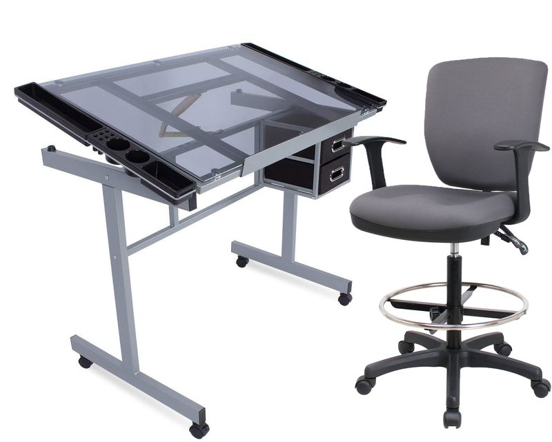Ofix ML-033 Drafting Glass Table Height Adjustable with Extra Table Drawers+Premium 32 / S-066 ) (Grey, Black)