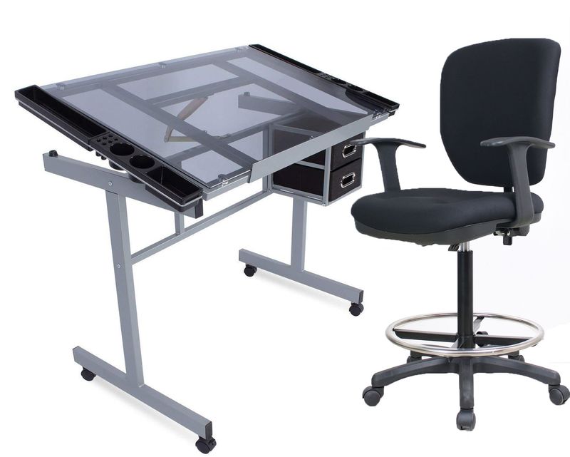 Ofix ML-033 Drafting Glass Table Height Adjustable with Extra Table Drawers+Premium 32 / S-066 ) (Grey, Black)