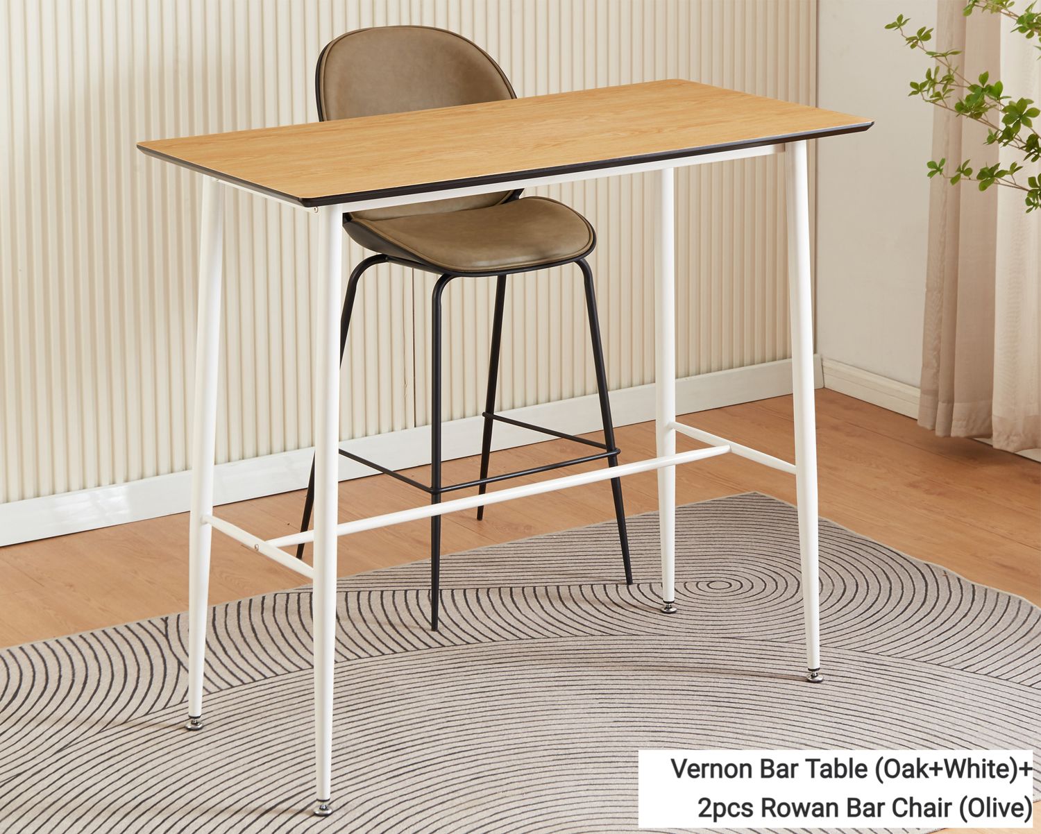 Ofix Vernon Bar Table + 2Pcs. Rowan Bar Chair (120*60), Option: Vernon Bar Table (Oak+White)+2pcs Rowan Bar Chair (Olive)