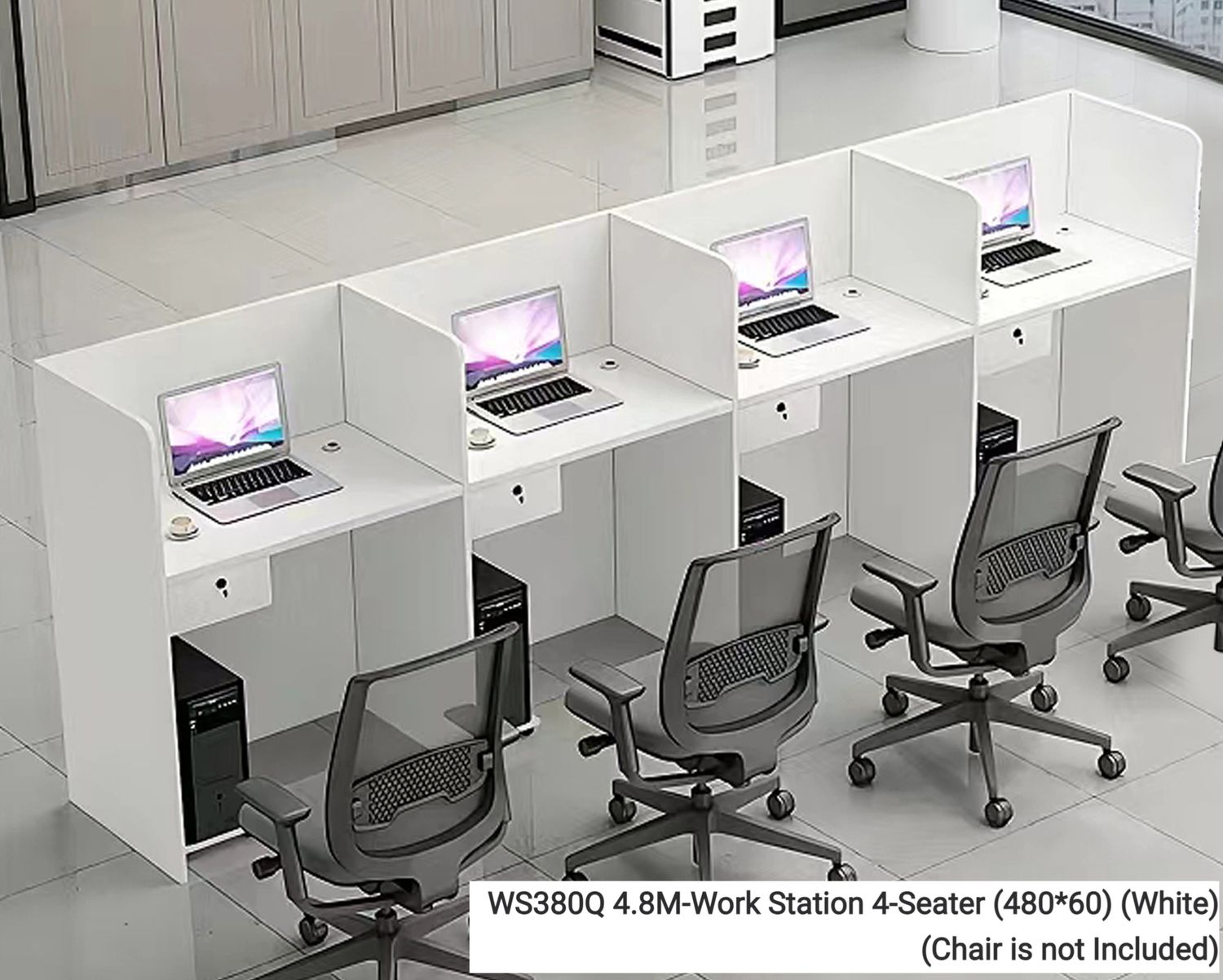 Ofix WS380Q Workstation Partition Cubicle with Fixed Drawer &amp; CPU Trolley (1 Seater, 4-Seater) (White) (Chair is not Included), Model: WS380Q 4.8M-Work Station 4-Seater (480*60) (White) (Chair is not Included)