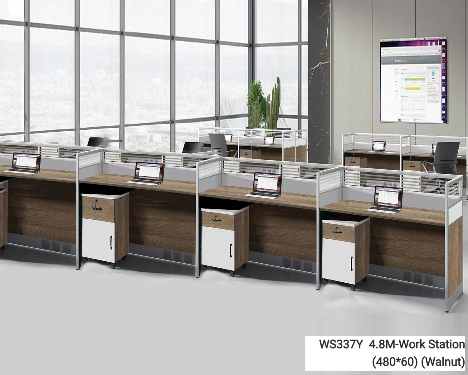Ofix WS337Y 4 Seater Workstation Partition Cubicle with Movable Cabinet (Walnut) (Chair is not Included), Model: WS337Y  4.8M-Work Station (480*60) (Walnut) (Chair is not Included)