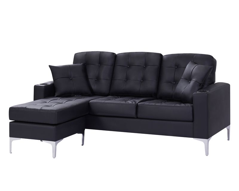 Flotti Sephora L-Shape With Cupholder, Two Pillows &amp; Reversible Ottoman, PU Leather/ Fabric Sofa (Black, Grey, Brown)