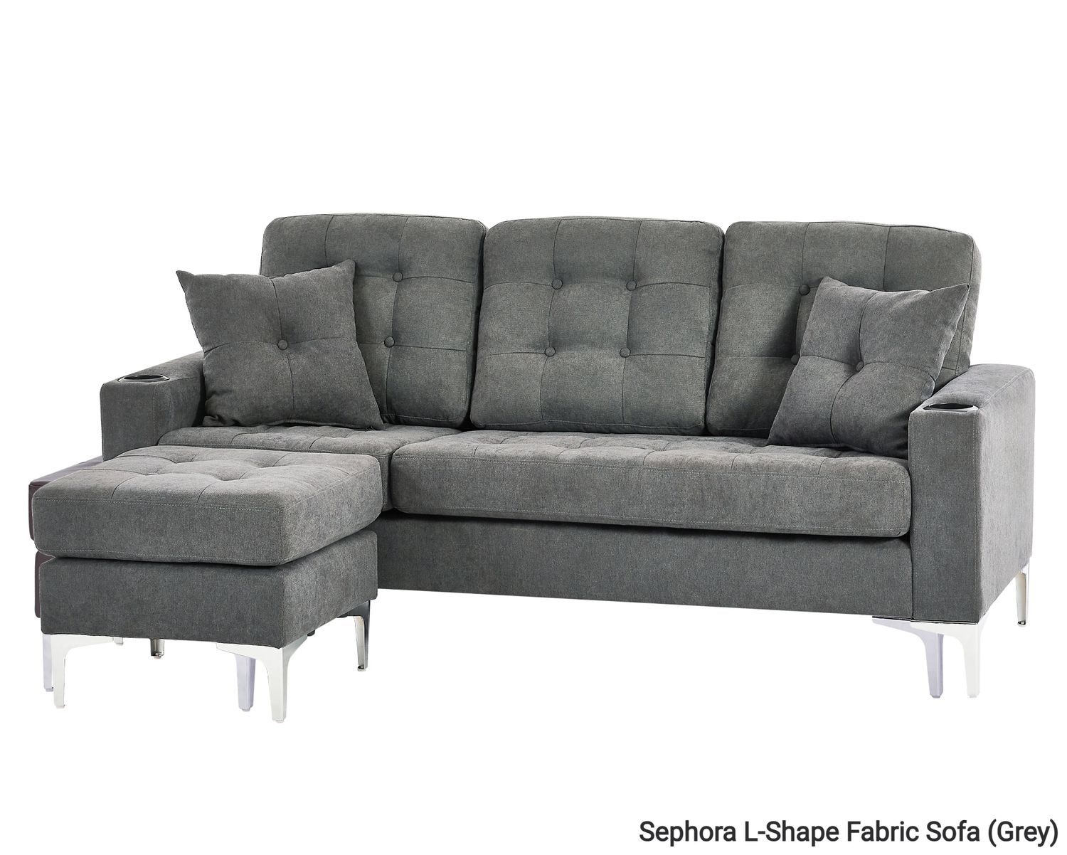 Flotti Sephora L-Shape With Cupholder, Two Pillows &amp; Reversible Ottoman, PU Leather/ Fabric Sofa (Grey, Brown, Black, Beige), Color:: Sephora L-Shape Fabric Sofa (Grey)