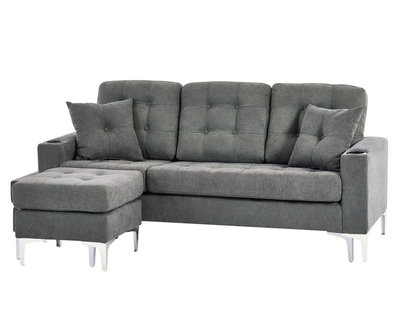 Flotti Sephora L-Shape With Cupholder, Two Pillows &amp; Reversible Ottoman, PU Leather/ Fabric Sofa (Grey, Brown, Black, Beige)