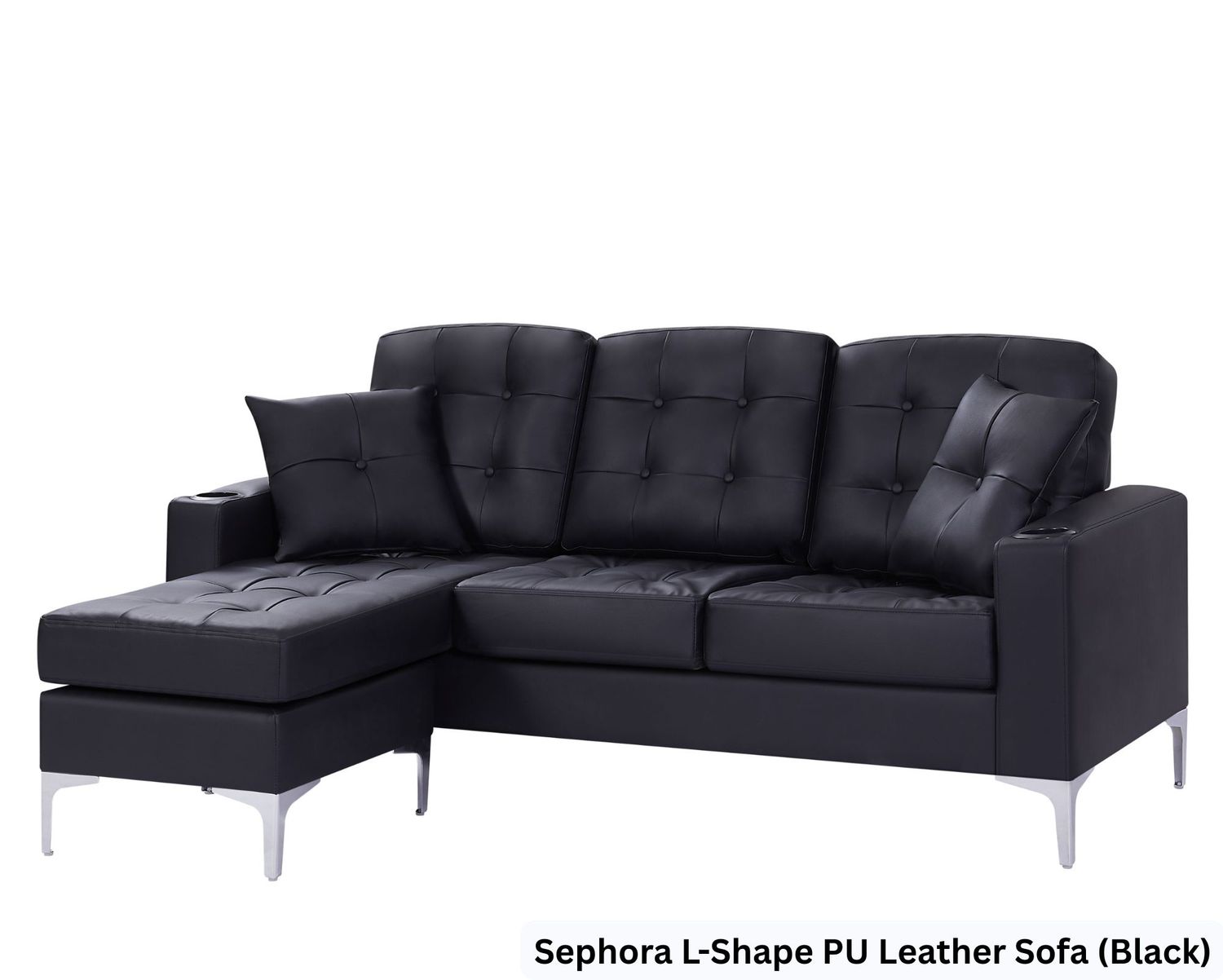 Flotti Sephora L-Shape With Cupholder, Two Pillows &amp; Reversible Ottoman, PU Leather/ Fabric Sofa (Black, Beige), Color:: Sephora L-Shape PU Leather Sofa (Black)