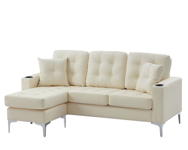 Flotti Sephora L-Shape With Cupholder, Two Pillows &amp; Reversible Ottoman, PU Leather/ Fabric Sofa (Black, Beige)