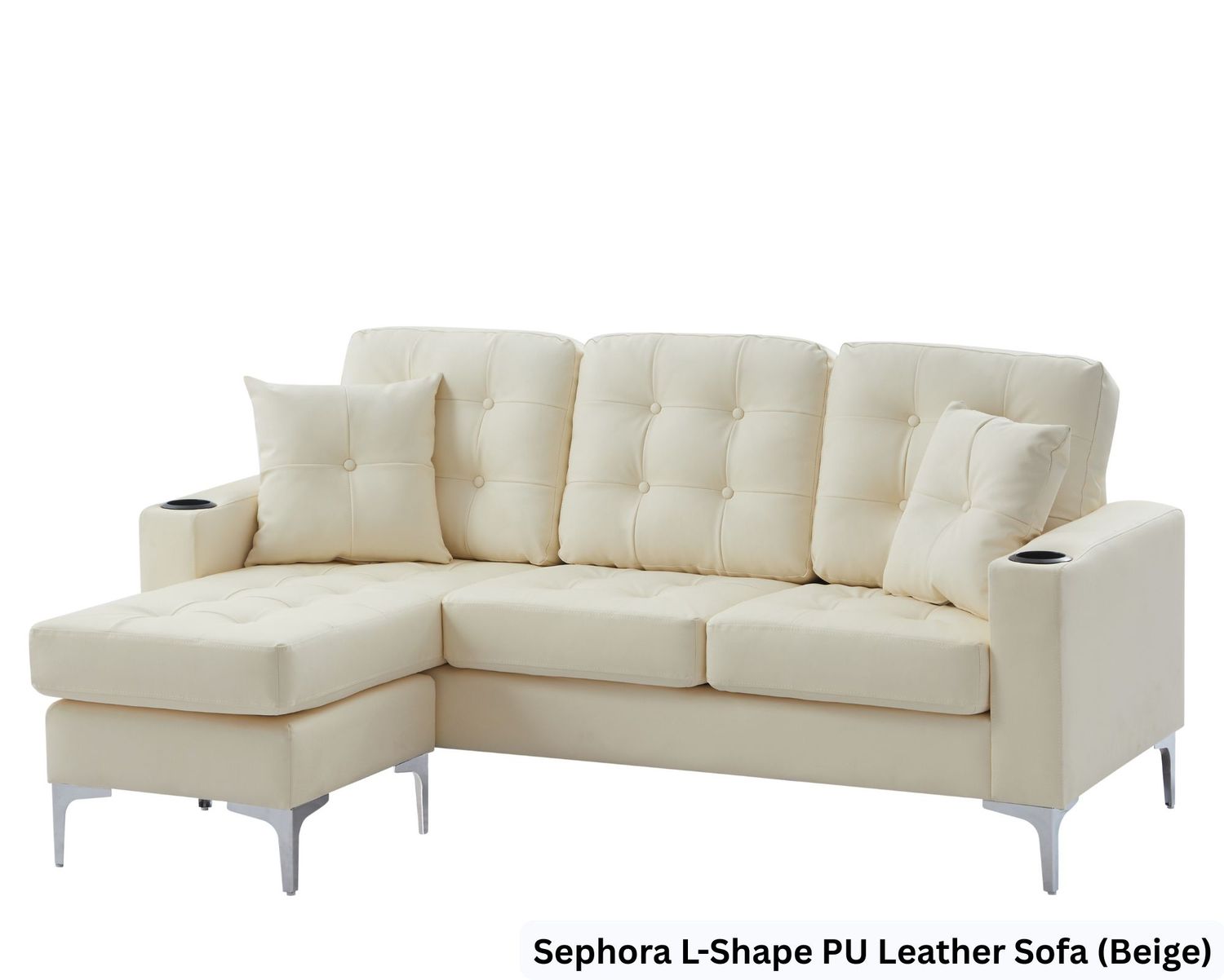 Flotti Sephora L-Shape With Cupholder, Two Pillows &amp; Reversible Ottoman, PU Leather Sofa (Beige, Brown), Color:: Sephora L-Shape PU Leather Sofa (Beige)