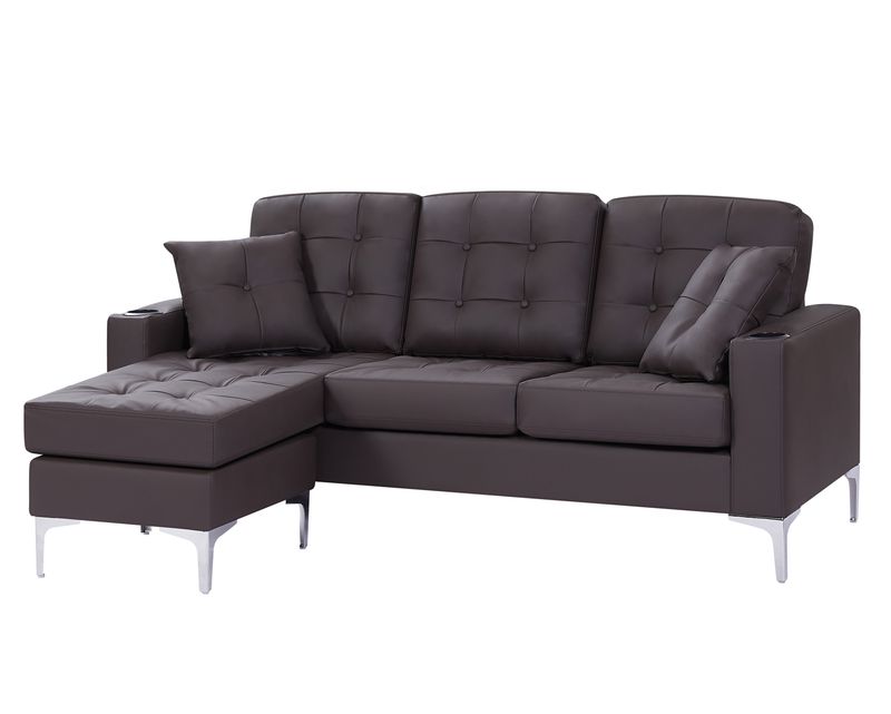 Flotti Sephora L-Shape With Cupholder, Two Pillows &amp; Reversible Ottoman, PU Leather Sofa (Beige, Brown)