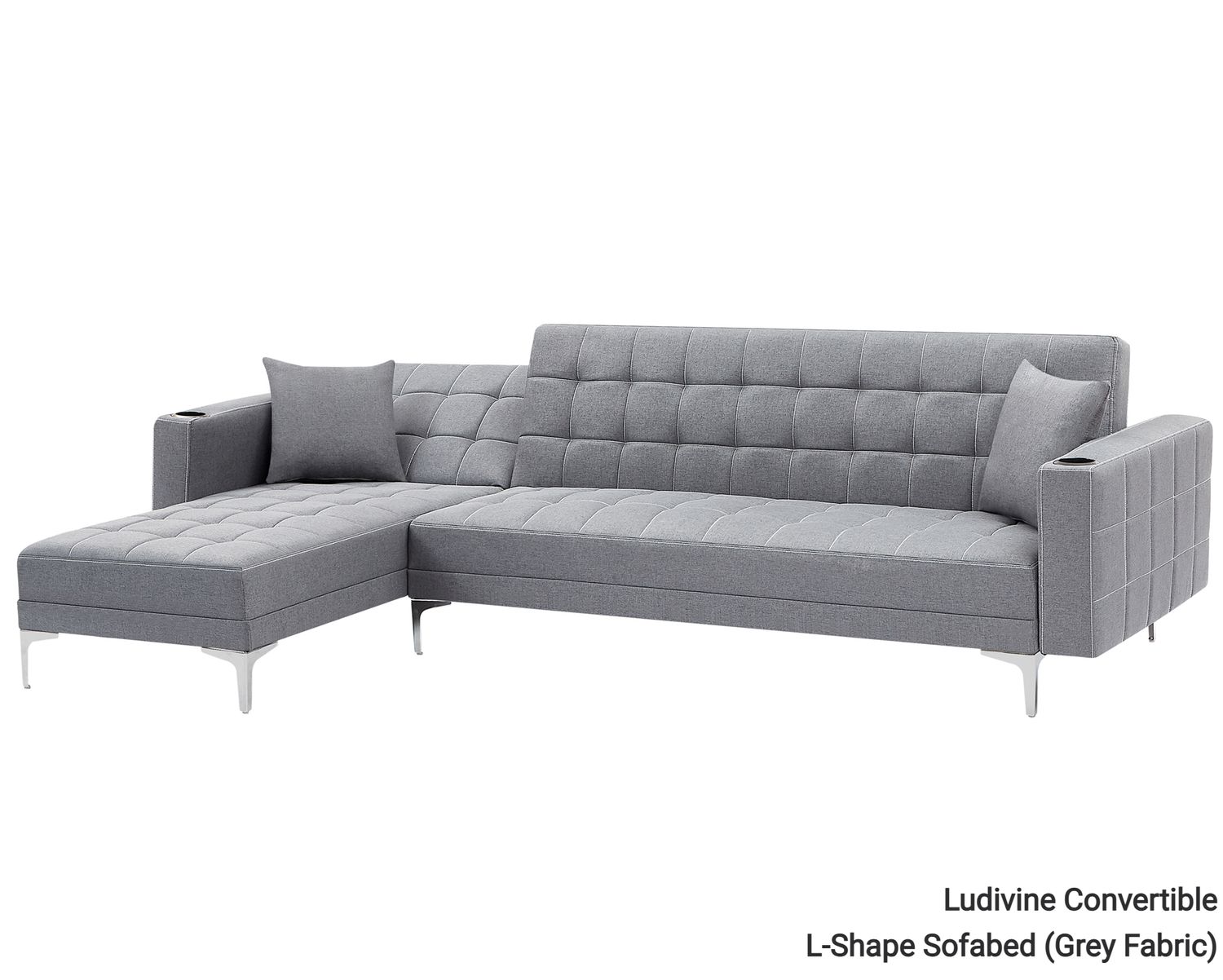 Flotti Ludivine Convertible L-Shape Sofabed with Cupholder &amp; Two Pillows (Grey, Beige, Golden Brown, Black), Color:: Ludivine Convertible L-Shape Sofabed (Grey Fabric)