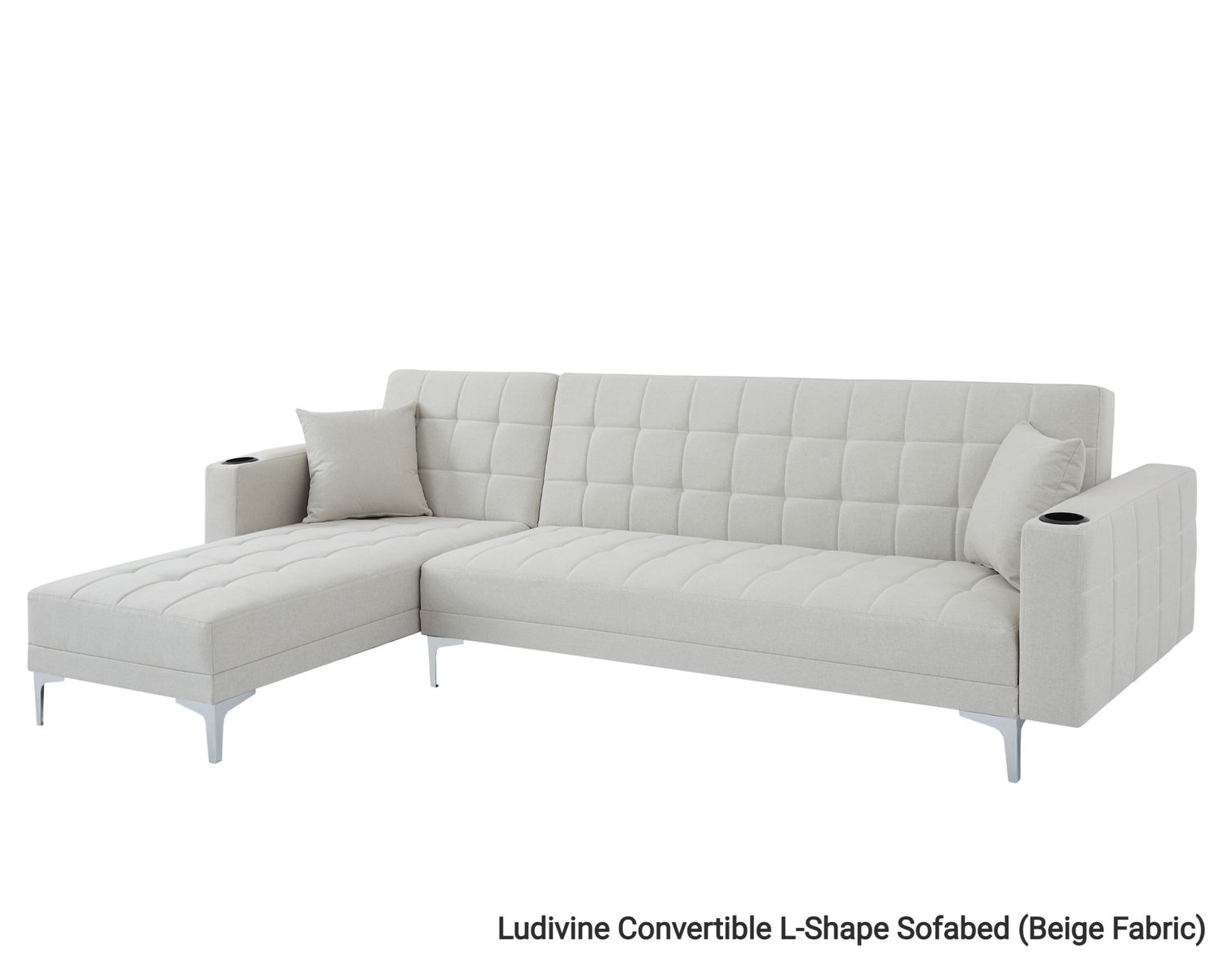 Ofix Ludivine Convertible L-Shape Sofabed with Cupholder &amp; Two Pillows (Fabric) (Beige), Color:: Ludivine Convertible L-Shape Sofabed (Beige Fabric)